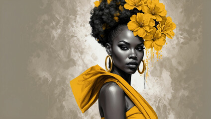 A beautifully styled African American woman poses for a fashion banner.