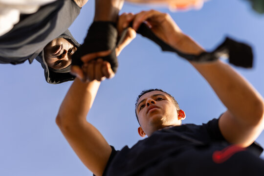 
two friends training in the desert
