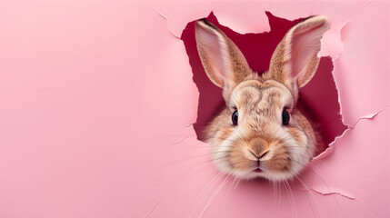Rabbit head peeking through hole in paper background with copy space for Easter Day concept banner, Cute bunny breaking wall with torn edges

