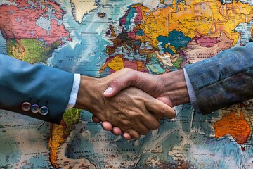 Two world leaders are shaking hands over a detailed map of the world, symbolizing negotiation and cooperation between countries. Generative AI