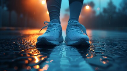 Wet running shoes on a reflective road