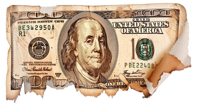 A torn dollar bill with a face on it - stock png.