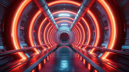 Futuristic corridor with glowing neon lights.