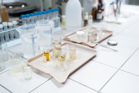 Beakers With Reagents At Catalysis Laboratory 