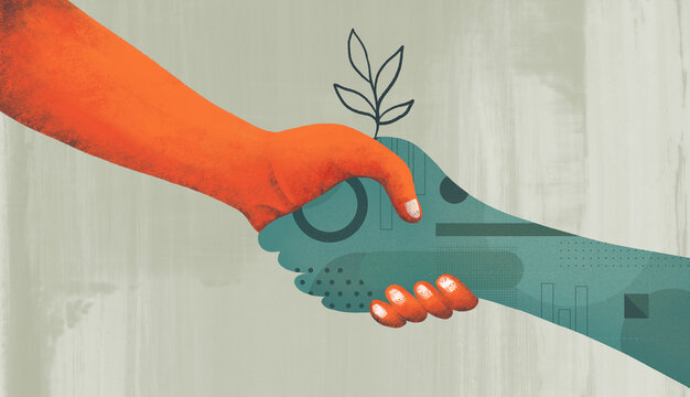 Handshake: human hand shaking abstract hand with geometric pattern