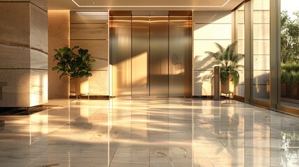 Gleaming steel doors reflect a modern lobby's grace