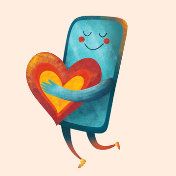 Smartphone character holding a heart in his hands