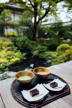 Traditional Japanese Tea Setting in Garden
