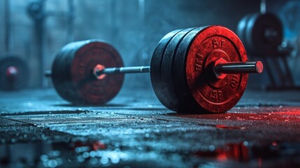 red barbell in gritty gym