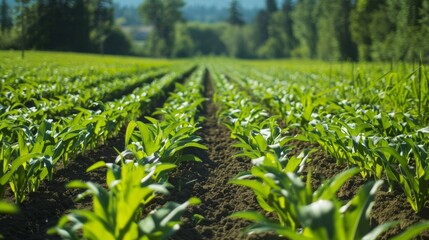 A peaceful farmland scene with rows of crops being grown specifically for use in biofuel production showcasing the sustainable use of land resources. . - obrazy, fototapety, plakaty
