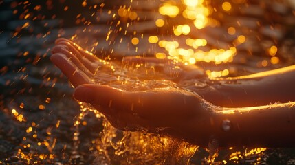 Close up of woman's hands with water splashes at sunset.