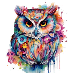 beautiful colorful owl art watercolour, Isolated on transparent PNG background, Generative ai