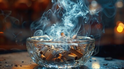 Cigarettes in glass bowl with smoke.