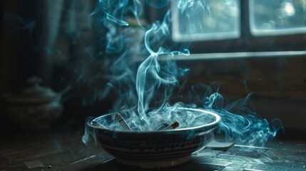 Blue smoke swirls from incense in bowl.