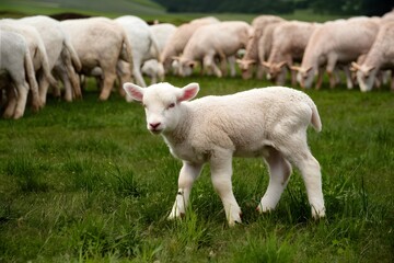 Naklejka na ściany i meble Adorable lamb peacefully grazes amidst green meadow and flock