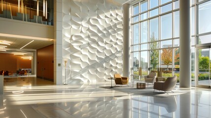 As you step into the lobby area your eyes are drawn to the wall opposite the entrance where a feature wall made entirely of fiber cement panels is illuminated by natural light coming . - Powered by Adobe