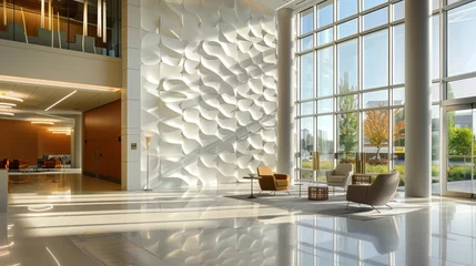 Foto op Canvas As you step into the lobby area your eyes are drawn to the wall opposite the entrance where a feature wall made entirely of fiber cement panels is illuminated by natural light coming . © Justlight