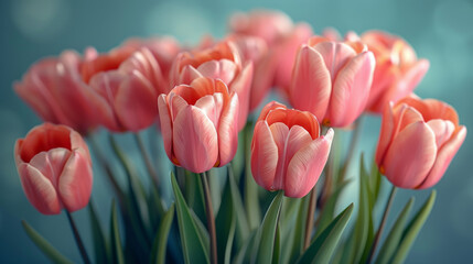 Light pink tulip bouquet on a plain background shot with soft light and a shallow depth of field.