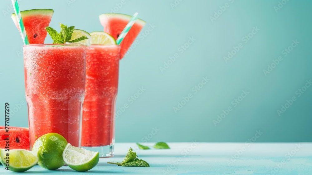 Poster refreshing watermelon and lime smoothie arrangement - this refreshing and appetizing stock image fea