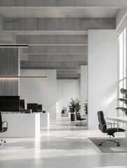 Sophisticated office space with concrete accents - This image showcases an elegant office with a modern design featuring concrete ceilings and white interiors