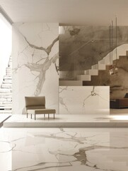 Modern interior with marble features and chair - This image showcases an elegant modern interior with a prominent marble column and stair detail, complemented by a simple chair