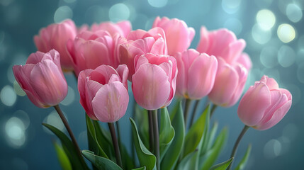 Light pink tulip bouquet on a plain background shot with soft light and a shallow depth of field.
