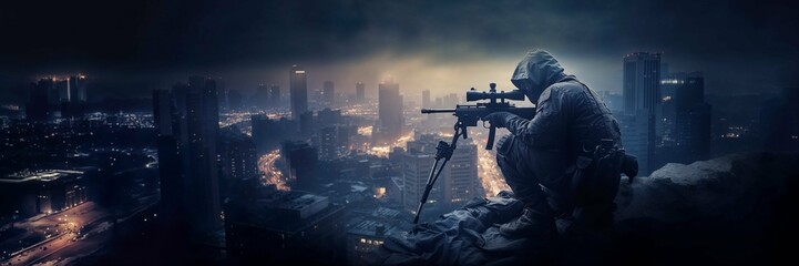 war conflict sniper shooter holding sniper or assault rifle with zoom telescope as special tactical forces army rooftop cover at night as wide banner for video games