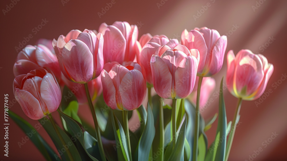 Poster light pink tulip bouquet on a plain background shot with soft light and a shallow depth of field.
