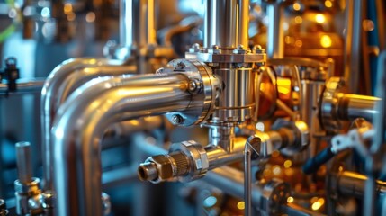 A closeup shot of biofuel being produced in a compact unit with intricate pipes and mechanisms working together to create a sustainable energy source. .