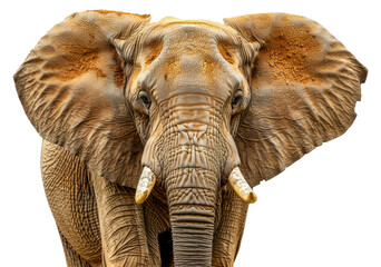 A large elephant with a wrinkled face and tusks, cut out - stock png.