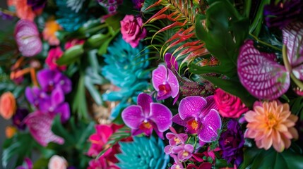 Tropical flowers in shades of fuchsia purple and turquoise cascade down the sides of the podium creating a striking and memorable . .