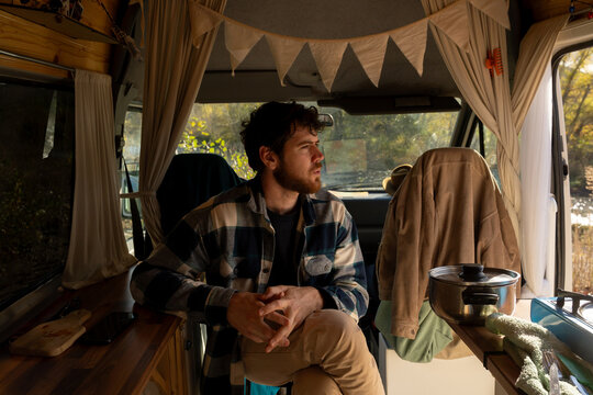 Man in campervan trip