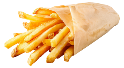 A bag of french fries is in a paper bag, cut out - stock png.