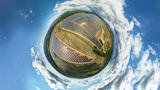 Planet of renewable energy - solar PV panels - tiny world 360VR sphere