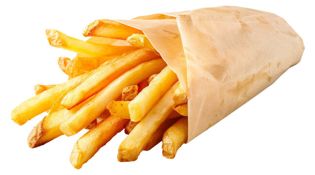 A bag of french fries is in a paper bag, cut out - stock png.
