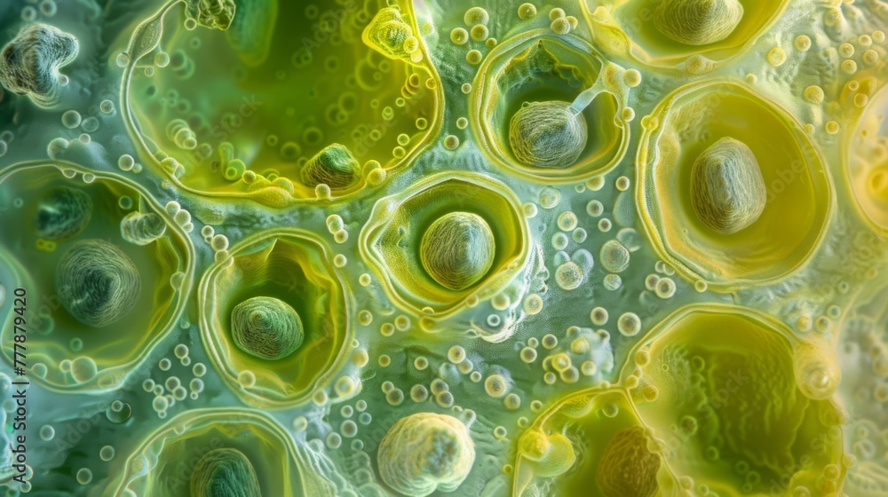 Poster a magnified image of a guard cell with its distinct kidney shape and visible chloroplasts responsibl