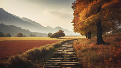 Beautiful autumn scenery illustration. - obrazy, fototapety, plakaty