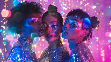 In front of the Cosmic Nebula backdrop models are seen wearing bold and daring makeup with metallic finishes and holographic accents. . .