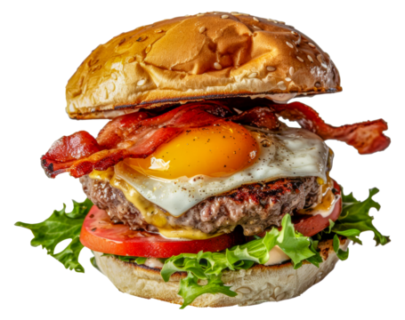 A large hamburger with bacon, egg, and cheese on top, cut out - stock png.