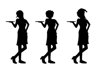 人物　お盆を持つ女性　シルエット