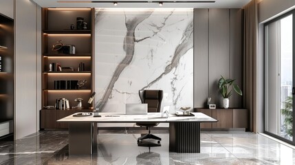 In the fifth image we see a home office with a bold and contemporary design. A large marble feature wall acts as a backdrop for the sleek and modern desk creating a statement piece .