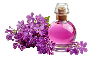 A bottle of perfume is next to purple flowers - stock png.