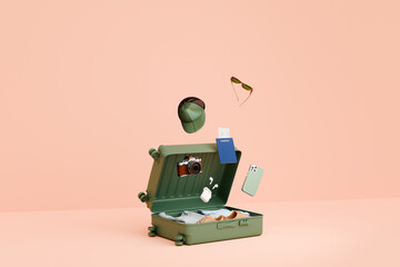 Luggage essentials. Suitcase, travel 3D concept 