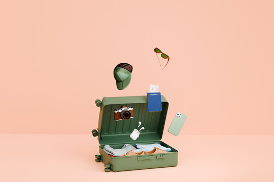 Luggage essentials. Suitcase, travel 3D concept 