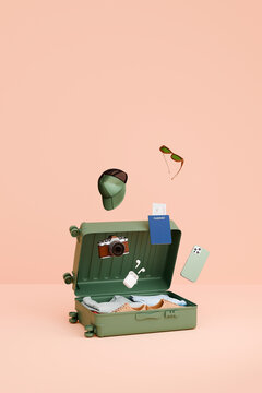 Luggage essentials. Suitcase, travel 3D concept 