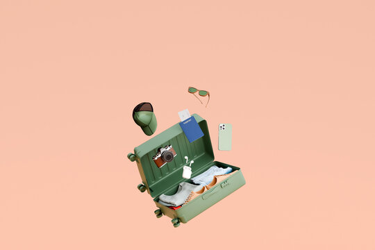 Luggage essentials. Suitcase, travel 3D concept 