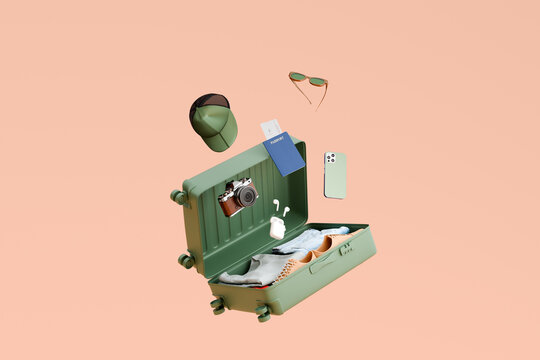 Luggage essentials. Suitcase, travel 3D concept 