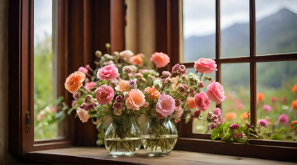 Fototapeta na wymiar Window with beautiful spring tulips flowers garden.generative.ai