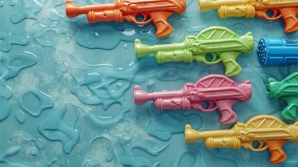 A set of colorful water guns on a blue, water like background, 3D render clay style , summer background, top view, copy space, studio shooting