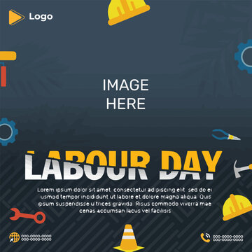 Labour day with a picture of a building instagram post or social media banner template | workman labour screwdriver worker tools worker helmet, worker, engineer helmet, engineer, builder, workers day